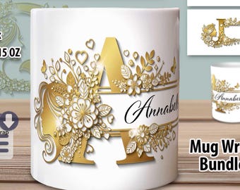 Monogram Alphabet Mug Wrap Sublimation – Split Floral Alphabet PNG Bundle – 11 oz & 15 oz Personalized Design