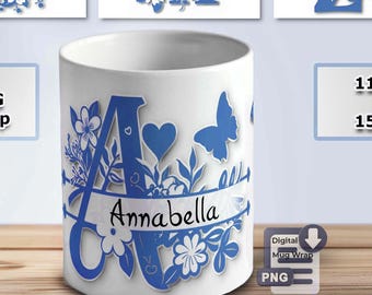 Blue Monogram Alphabet Mug Wrap Sublimation – Split Floral Alphabet PNG Bundle – 11 oz & 15 oz Personalized Design