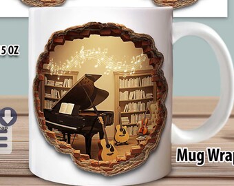 Kubek z nadrukiem 3D do sublimacji, pokój muzyczny 3D, dziura w ścianie, pomysł na prezent dla fanów muzyki, opakowanie na kubek w formacie PNG dla 11 uncji i 15 uncji, pobieranie cyfrowe