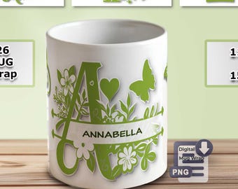 Green Monogram Alphabet Mug Wrap Sublimation – Split Floral Alphabet PNG Bundle – 11 oz & 15 oz Personalized Design