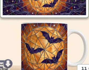 Harvest Moon Bats Mug Sublimation PNG | Mystical Stained Glass Mosaic, Full Moon, Digital Download for 11 OZ and 15 OZ Mug