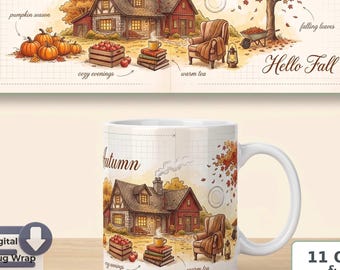 Fall Mug Sublimation PNG | Cozy Autumn Watercolor Cottage, Pumpkin Mug Wrap, Digital Download for 11 OZ and 15 OZ Mug
