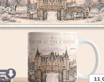 Winter Château Mug Sublimation PNG | Elegant Snowy Castle Watercolor, Digital Download for 11 OZ and 15 OZ Mug
