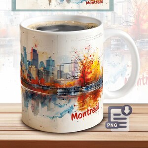May include: White ceramic mug with a watercolor illustration of the Montreal skyline in fall colors. The skyline is reflected in a body of water. The word "Montreal" is written in black at the bottom of the mug.