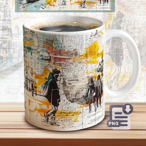 May include: White ceramic mug with a colorful design featuring a cityscape, people, and handwritten notes. The design includes a tram, buildings, and a yellow and blue color scheme.