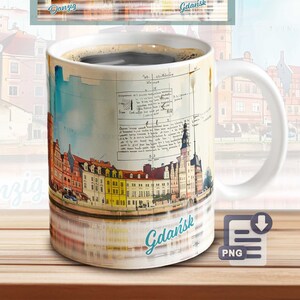 May include: White ceramic mug with a watercolor image of a city skyline. The image includes buildings, a river, and the text "Gdańsk" in blue. The mug is on a wooden surface.