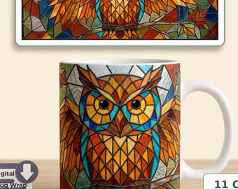 Stained Glass Owl Mug Sublimation PNG | Geometric Mosaic, Wise Owl, Digital Download for 11 OZ and 15 OZ Mug