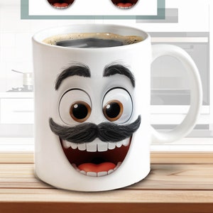 3D grappig gezicht mokken sublimatieontwerp - man met baard | Sublimatie ontwerp downloadbestand | Bonus 11 OZ printsjabloon voor manchet