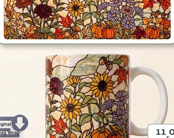 Stained Glass Fall Mug Sublimation PNG | Tiffany Style Flower Meadow, Pumpkin Maple Leaf, Digital Download for 11 OZ and 15 OZ Mug