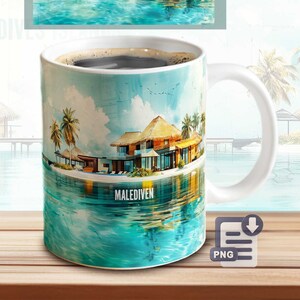 May include: White ceramic mug with a watercolor image of a tropical island resort with a thatched roof building and palm trees. The text "MALEDIVEN" is printed on the mug.