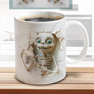 3D grappig skelet met koffie - mokken sublimatieontwerp - gat in muurmotief | PNG-sublimatie afdruksjabloon downloaden | Sublimatie ontwerp