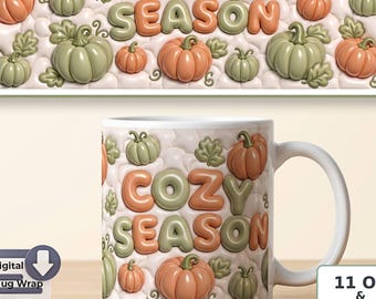 Pumpkin Mug Sublimation PNG | 3D Inflated Puffy Design, Cozy Season Autumn Motif, Digital Download for 11 OZ and 15 OZ Mug