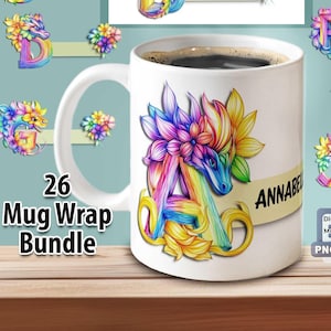 Personalized Monogram Alphabet Mug Wraps – 26 Dragon Designs – 11oz & 15oz PNG Sublimation Files – Digital Download