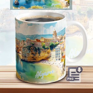 May include: White ceramic coffee mug with a colorful image of a coastal town in Portugal. The image features a beach, cliffs, buildings, and the word "Algarve" in blue text.