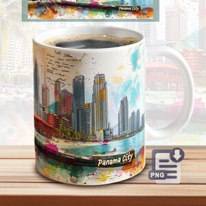May include: White ceramic coffee mug with a colorful watercolor illustration of the Panama City skyline. The mug has a black handle and is filled with coffee. The text "Panama City" is written in black at the bottom of the mug.