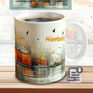 May include: White ceramic coffee mug with a colorful image of the Hamburg skyline and the word "Hamburg" printed in orange. The mug is filled with coffee and sitting on a wooden surface.
