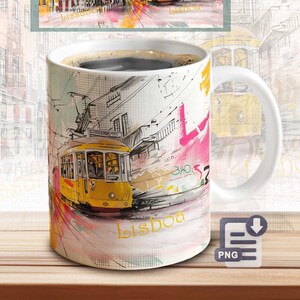 May include: White ceramic mug with a colorful illustration of a yellow tram in Lisbon, Portugal. The mug has the word "Lisboa" written on it in a stylized font.