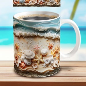 Beach 3D Mugs Sublimation Design Print Template | Maritime Coffee Mug PNG Download File | 11 OZ, 15 OZ Sublimation File Mugs Template