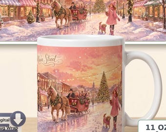 Main Street Christmas Mug Sublimation PNG | Cozy Winter Horse Sleigh Village, Digital Download for 11 OZ and 15 OZ Mug