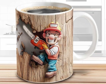 Man with chainsaw – 3D mug sublimation print template – Hole in wall motif | Forest worker, lumberjack | Sublimation design | Mug wrap