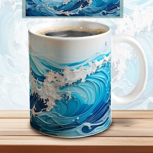 Ocean 3D sublimation mug design | Oil painting style | Sea PNG print template for 11oz and 15oz coffee mugs | Waves envelope | Mug wrap