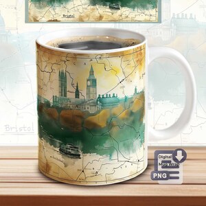 May include: A white ceramic mug with a watercolor design of the London skyline. The design features a vintage map style with a green and yellow color scheme. The mug is filled with coffee.