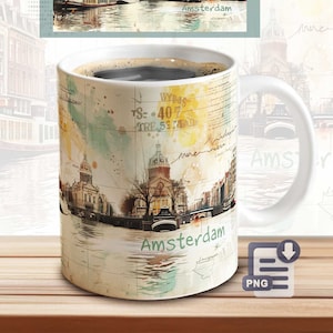 May include: White ceramic coffee mug with a watercolor design of Amsterdam, Netherlands. The design features a canal, bridges, buildings, and trees. The mug has the word "Amsterdam" written on it.