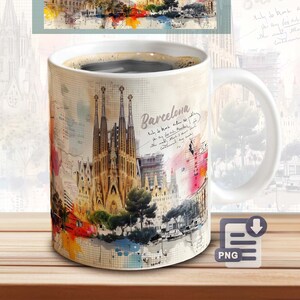 May include: White ceramic mug with a colorful watercolor design of the Sagrada Familia in Barcelona, Spain. The mug has a black handle and is filled with coffee. The text "Barcelona" is written on the mug.