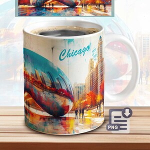 May include: White ceramic coffee mug with a colorful image of the Cloud Gate sculpture in Chicago. The image is in a watercolor style with a blue sky and buildings in the background. The text "Chicago" is written in blue on the mug.