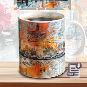 May include: A white ceramic mug with a colorful design featuring a cityscape of London. The design includes a red double-decker bus, a bridge, and the words "London" in a stylized font. The mug is filled with coffee.