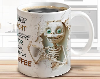 3D Skeleton with Coffee Saying – Mug Sublimation Design – Hole in Wall Motif | plus PNG Sublimation Bonus Print Template | Sublimation Design