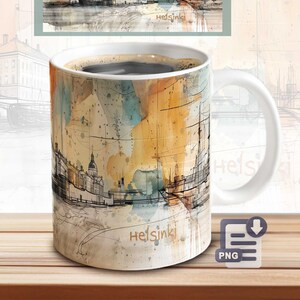 May include: White ceramic mug with a watercolor design of the Helsinki skyline. The design features a cityscape with buildings, water, and a sailboat. The mug has a black handle and the word "Helsinki" is written on the bottom of the mug.