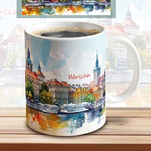May include: White ceramic mug with a watercolor illustration of the Warsaw skyline. The mug has a black handle and the text "Warschau" is printed on the front.