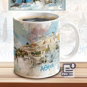 May include: White ceramic coffee mug with a watercolor illustration of the Acropolis in Athens, Greece. The mug has the word "Athens" written in blue on the front.