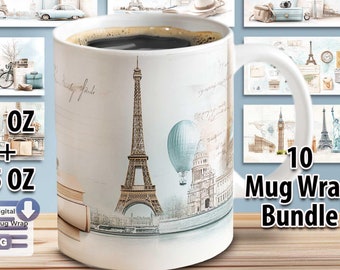 Nostalgic Travel Mug Sublimation Bundle – 10 PNG Files – 11oz & 15oz Wraps – Vintage Travel Motifs – Personalizable Digital Download
