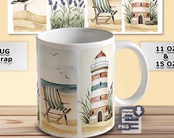 Summer Sublimation Mug Design – Watercolor Beach Theme in Striped Look – 11oz & 15oz Mug Wrap Download