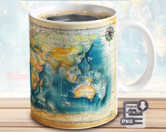 Weltkarte Tassen Sublimation Vorlage – 11 & 15 OZ Becher Design, PNG Download Datei, Kaffeebecher Sublimationsdatei, Vintage Tassen Umschlag