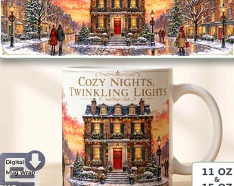 Christmas Townhouse Mug Sublimation PNG | Twinkling Lights Watercolor, Colorful Holiday Street, Digital Download for 11 OZ and 15 OZ Mug