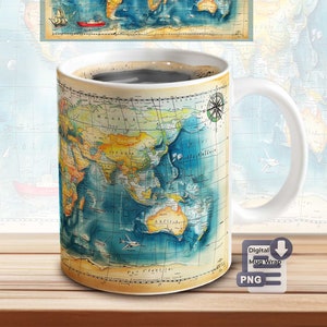 Weltkarte Tassen Sublimation Vorlage – 11 & 15 OZ Becher Design, PNG Download Datei, Kaffeebecher Sublimationsdatei, Vintage Tassen Umschlag