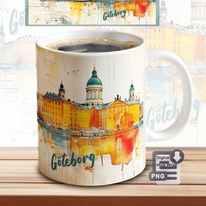 May include: A white ceramic mug with a watercolor illustration of the Gothenburg skyline. The illustration features a cityscape with buildings in shades of yellow, orange, and blue, reflected in the water. The text "Göteborg" is written in a stylized font at the bottom of the mug.