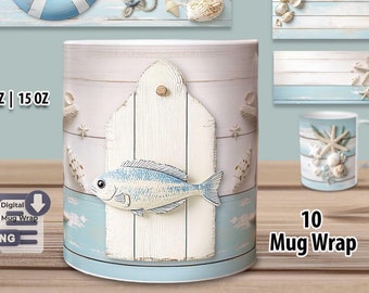 10 Nautical Mug Sublimation Designs – 3D Coastal Bundle – Personalized PNG Files for 11oz & 15oz Mugs – Digital Download