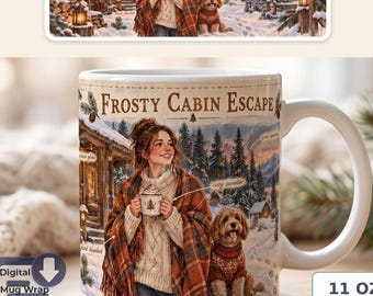 Cottagecore Cabin Mug Sublimation PNG | Watercolor Log Cabin Design, Plaid Blanket Motif, Digital Download for 11 OZ and 15 OZ Mug