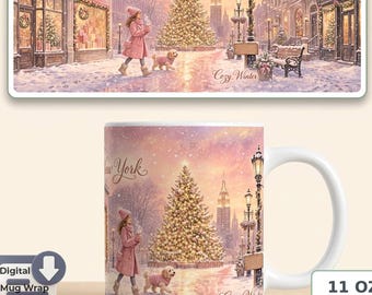 Christmas New York Mug Sublimation PNG | Cozy Winter Design, Christmas Tree Skyline, Digital Download for 11 OZ and 15 OZ Mug