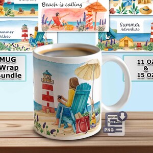 Sublimation Mug Bundle – 5 Watercolor Maritime Summer Designs – PNG Wraps for 11oz & 15oz – Digital Download