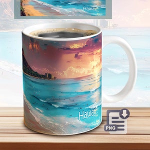 Hawaii Tassen Sublimation Vorlage – Städte Druckvorlage | PNG Download Datei | Kaffeebecher Sublimationsdatei | Tassen Umschlag