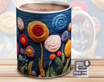 Archivo de sublimación de taza de crochet, diseño de flores de crochet otoñales, funda para taza de 11 y 15 oz, diseño de sublimación otoñal con efecto 3D, descarga PNG