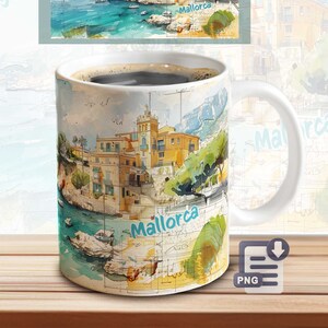 May include: White ceramic mug with a watercolor illustration of a seaside town in Mallorca, Spain. The mug features a blue sky, turquoise water, and buildings with terracotta roofs. The text "Mallorca" is written in blue on the mug.