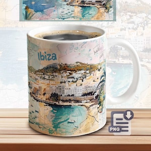 May include: White ceramic coffee mug with a colorful illustration of the city of Ibiza, Spain. The mug features a watercolor-style design with a map of the island and the word "Ibiza" printed on the side.