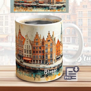 May include: White ceramic coffee mug with a watercolor illustration of a canal in Bruges, Belgium. The illustration features colorful buildings, a canal, and the word "Brugge" in cursive.