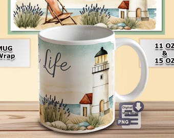 Beach Life Sublimation Design – 11oz & 15oz Mug Wrap – Digital Beach Theme with Lighthouse — Download File